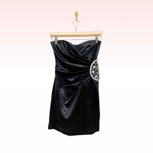 TEEZE ME Black Strapless Rhinestone Side Satin Mini Dress (Sz 3)